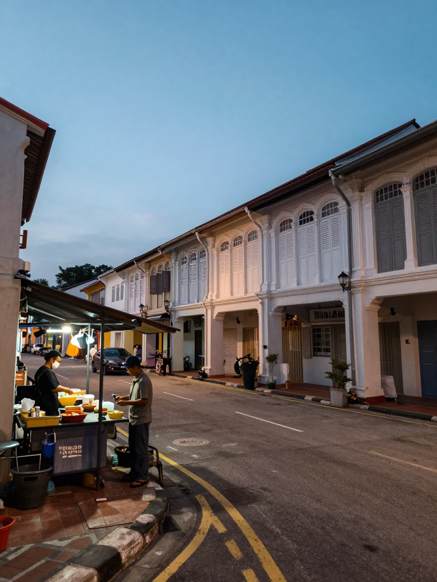 Street Life in George Town at The Still Hours Before Dawn Light in in George Town, Malaysia