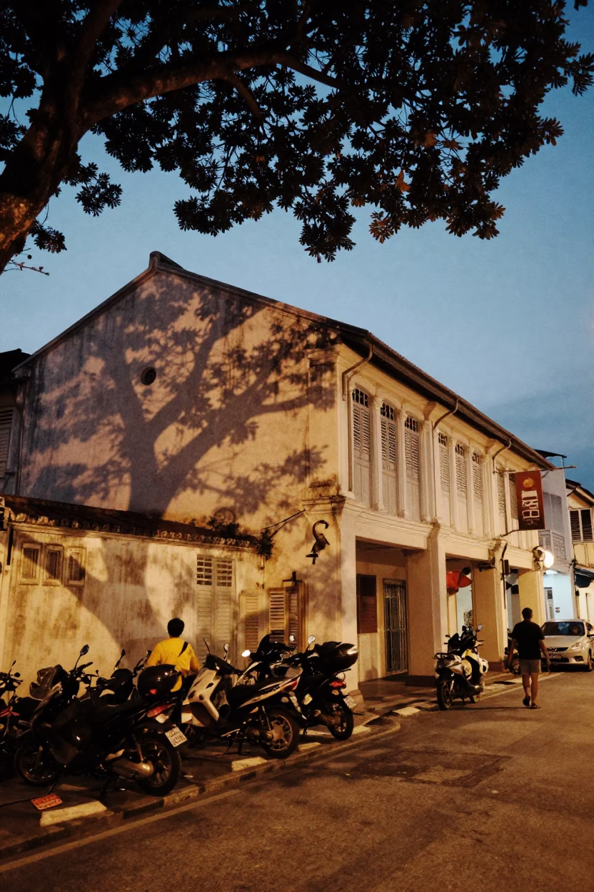 Street Life in George Town at Twilight in in George Town, Malaysia