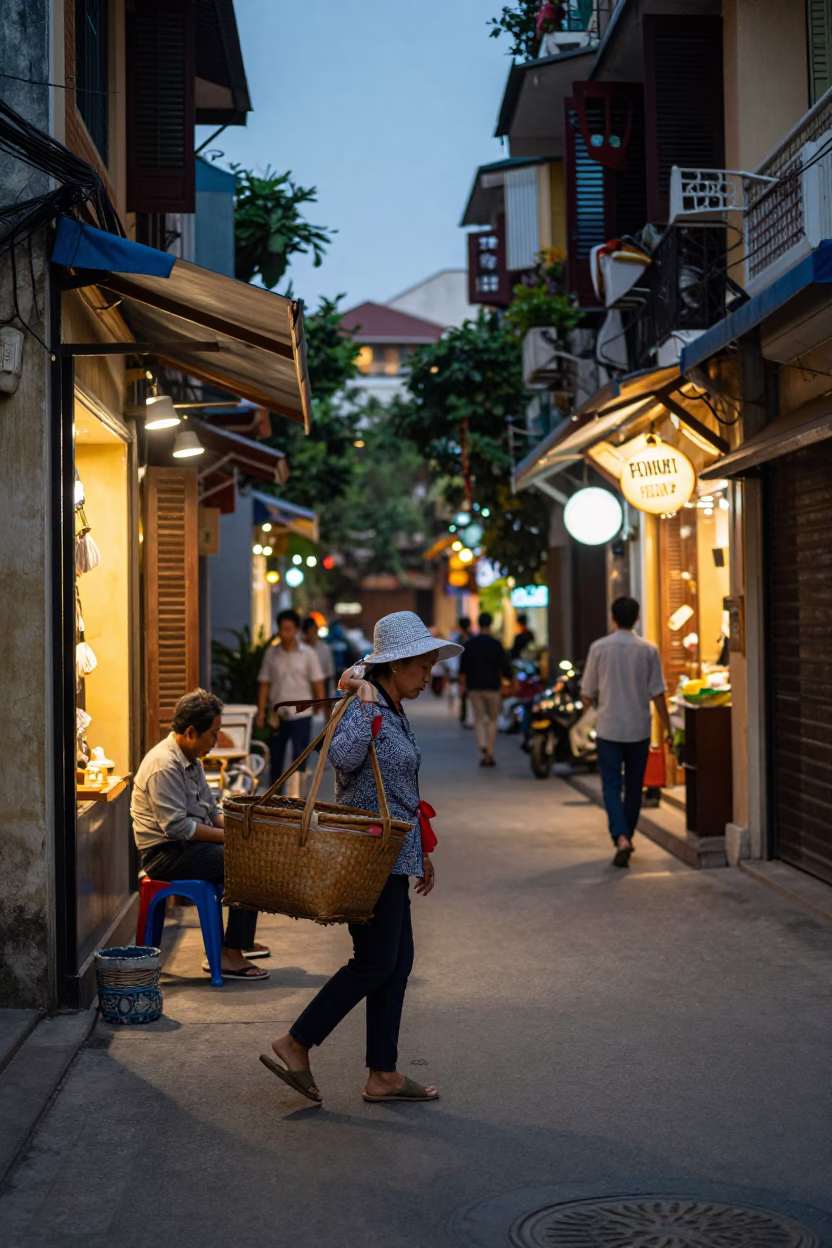 Street Life in Hanoi at As City Lights Begin To Glow in in Hanoi, Vietnam