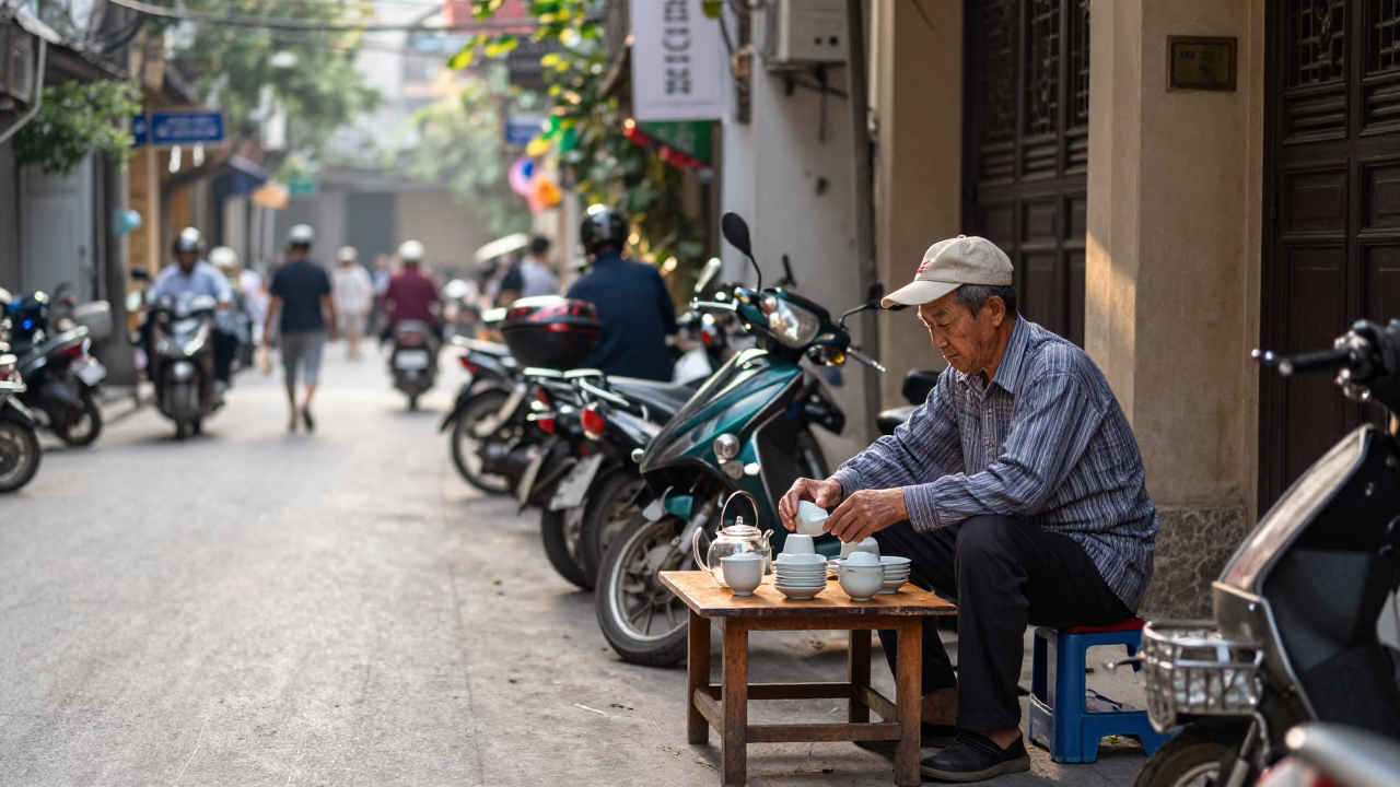 Street Life in Hanoi at As First Light Reaches The Scene in in Hanoi, Vietnam