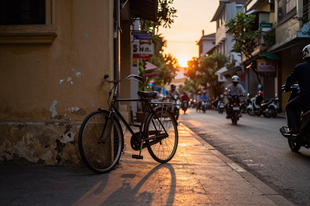 Street Life in Hanoi at As The Sun Drops Toward The Horizon in in Hanoi, Vietnam