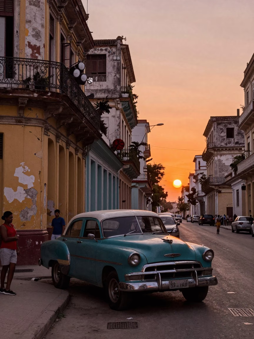 Street Life in Havana at As The Sun Drops Toward The Horizon in in Havana, Cuba