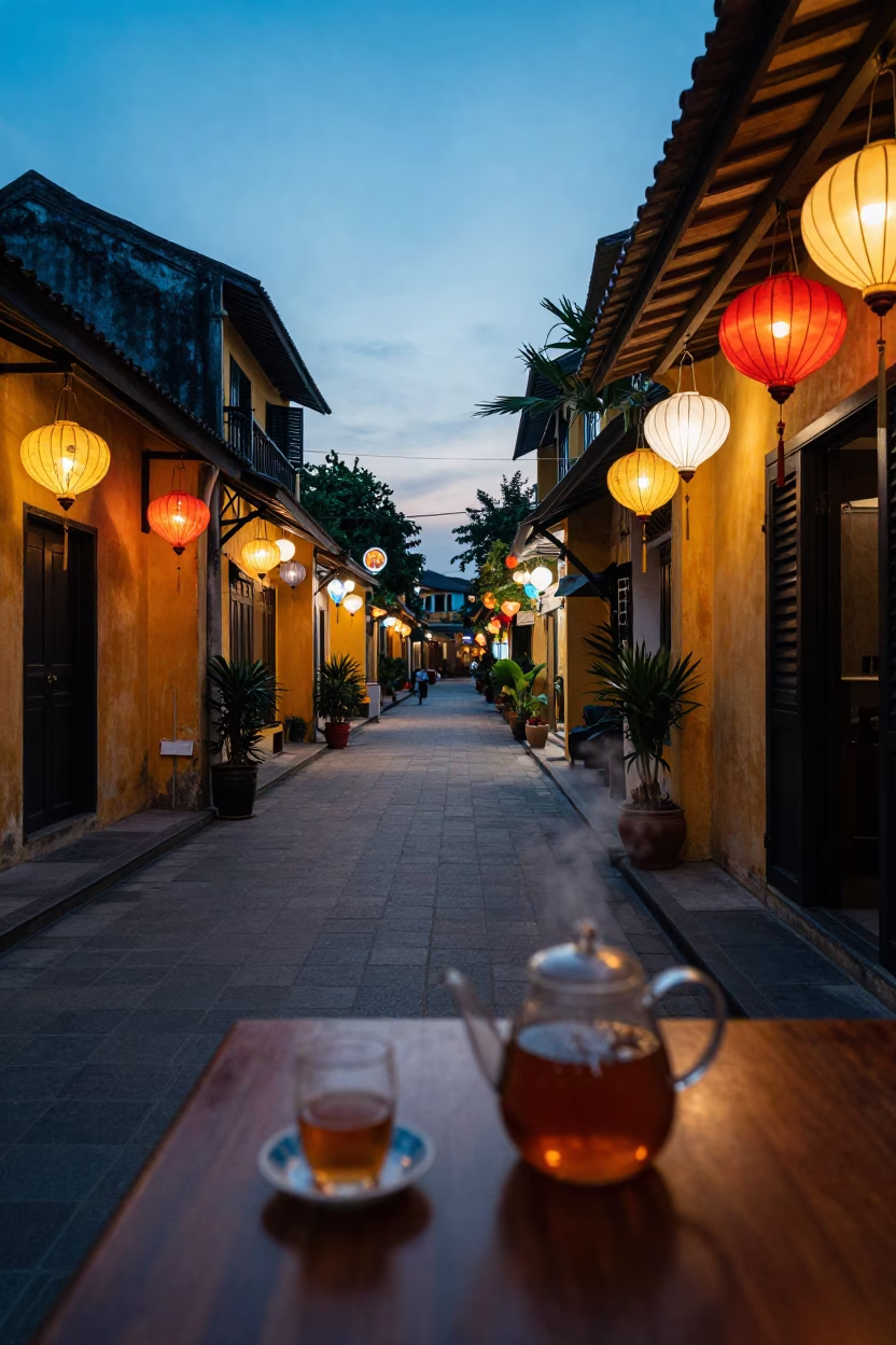 Street Life in Hoi An at The Still Hours Before Dawn Light in in Hoi An, Vietnam