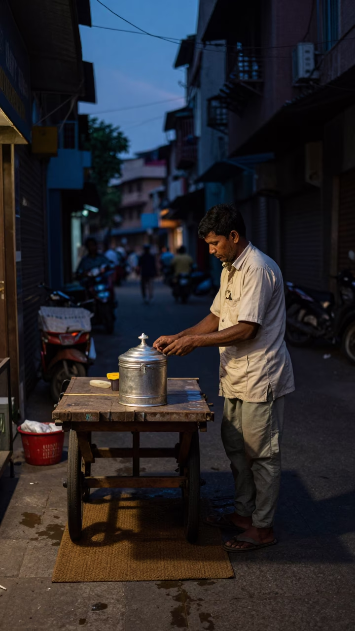 Street Life in Hyderabad at The Predawn Darkness Light in in Hyderabad, India