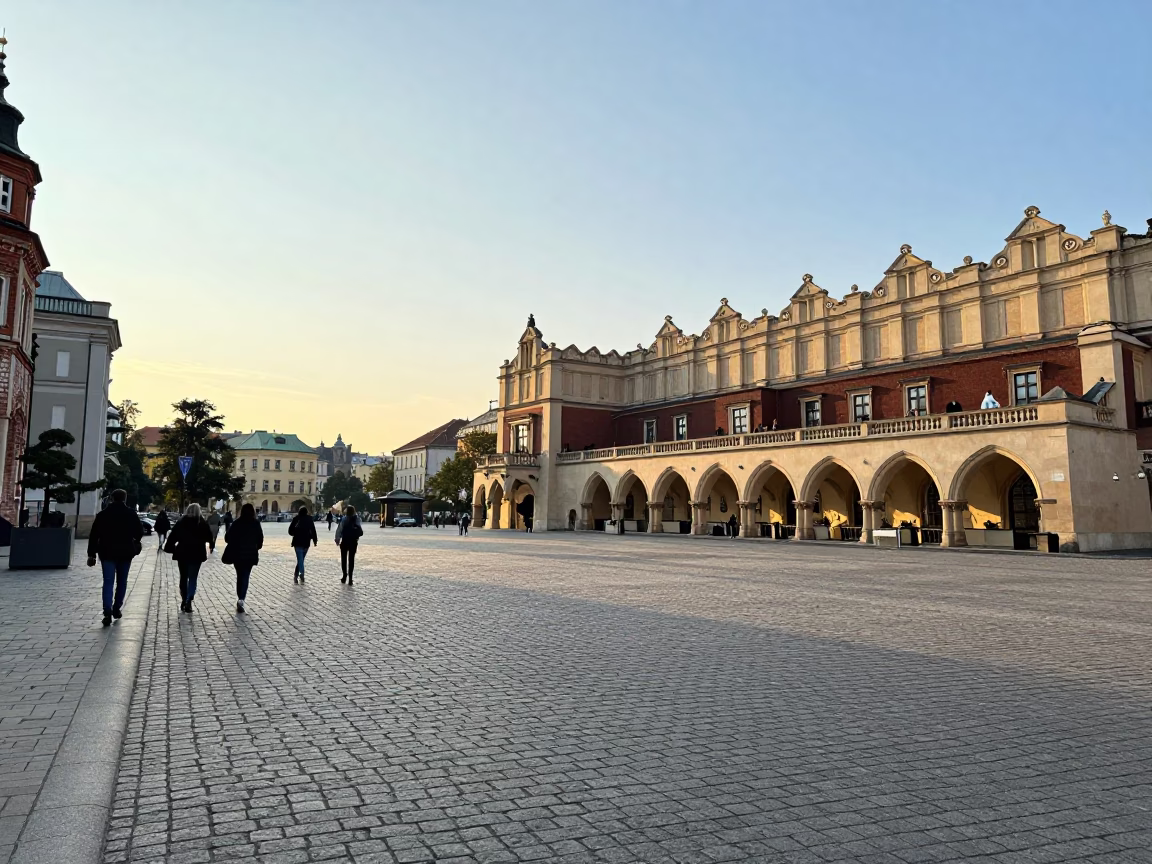 Street Life in Krakow at As First Light Reaches The Scene in in Krakow, Poland