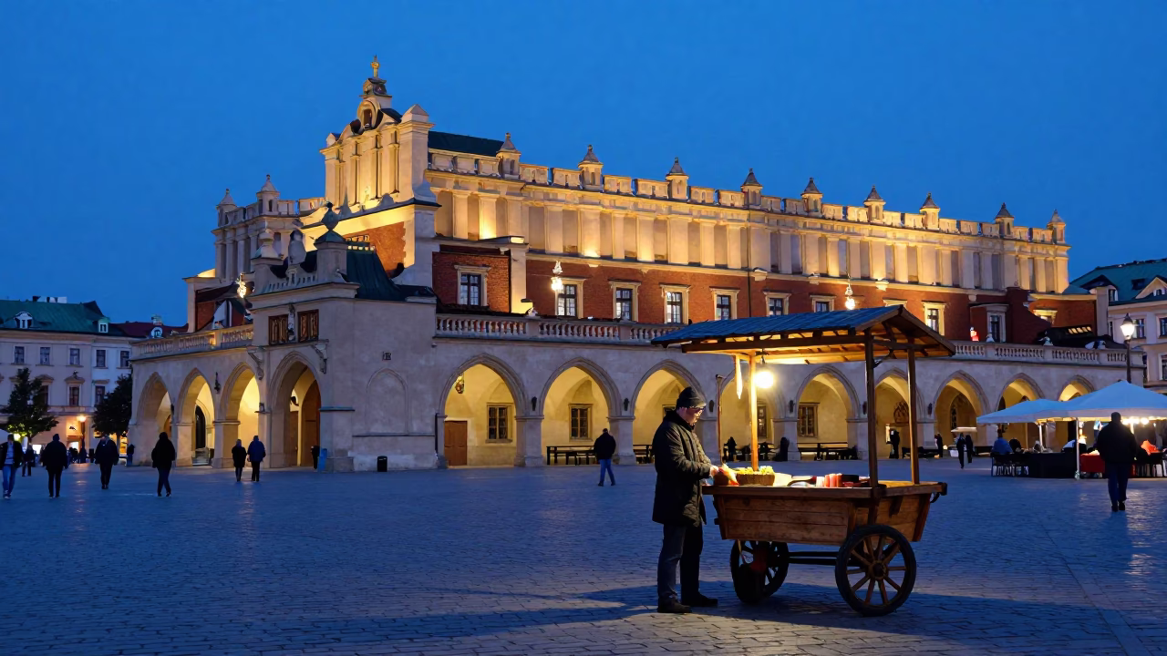 Street Life in Krakow at The Last Blue Light Of Evening in in Krakow, Poland