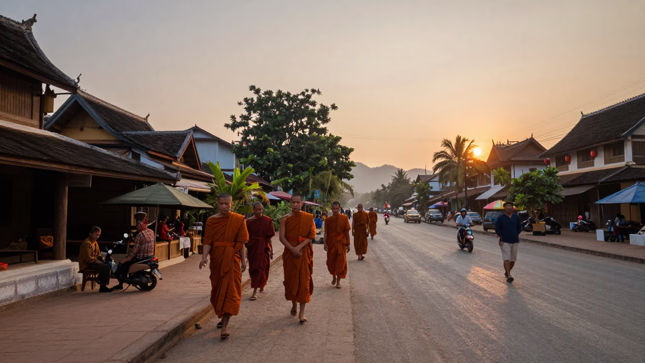 Street Life in Luang Prabang at First Light Of Dawn in in Luang Prabang, Laos