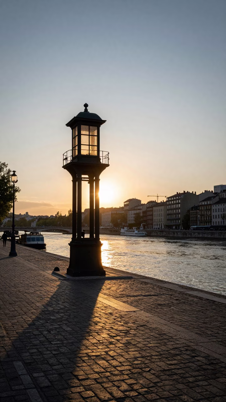 Street Life in Lyon at As The Sun Drops Toward The Horizon in in Lyon, France