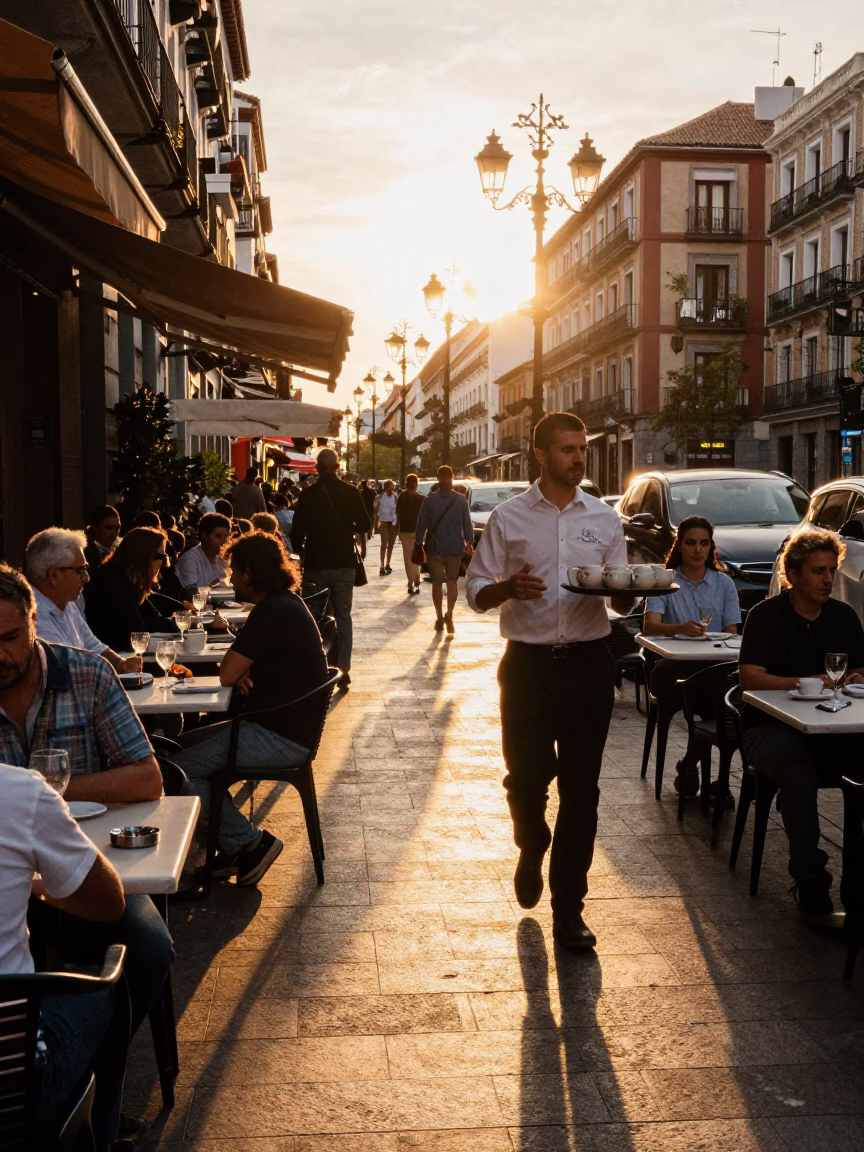 Street Life in Madrid at Golden Hour in in Madrid, Spain