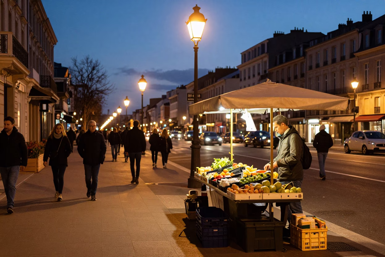 Street Life in Nice at As City Lights Begin To Glow in in Nice, France