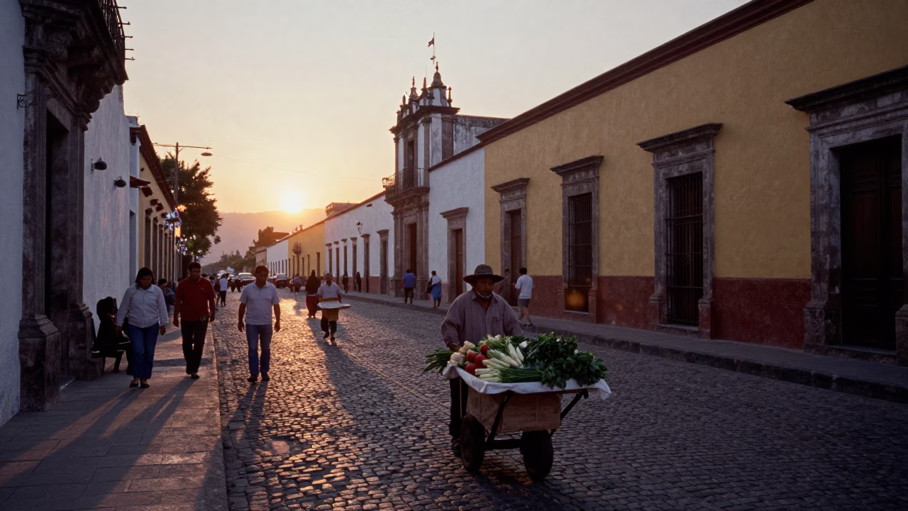 Street Life in Oaxaca at As The Sun Drops Toward The Horizon in in Oaxaca, Mexico