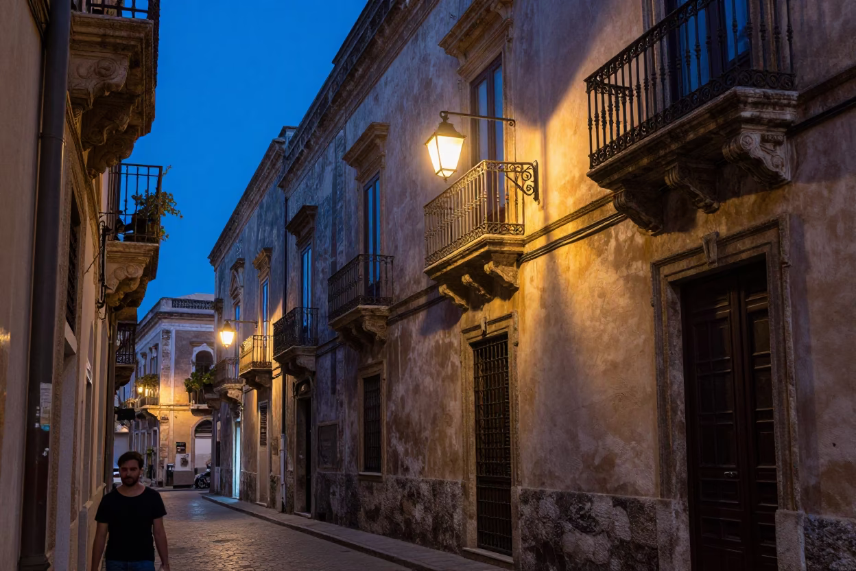 Street Life in Palermo at The Last Blue Light Of Evening in in Palermo, Italy