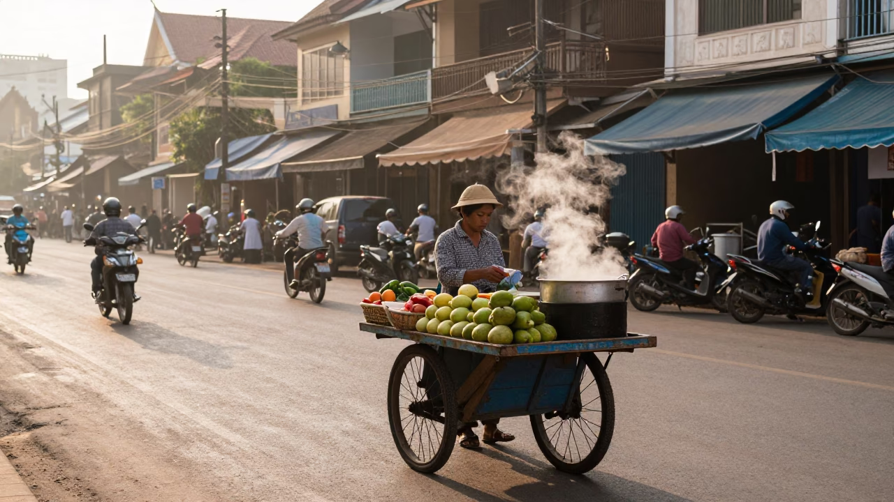 Street Life in Phnom Penh at The Early Morning Light in in Phnom Penh, Cambodia