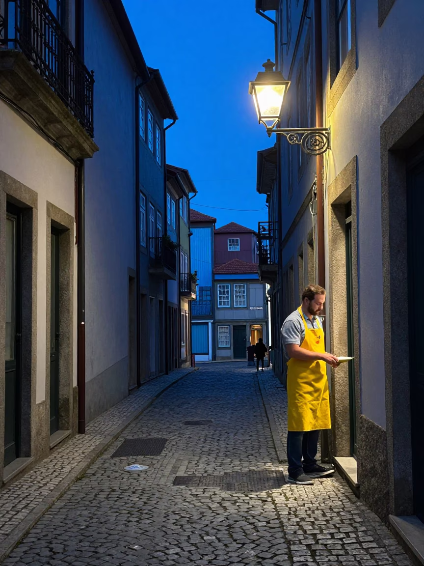 Street Life in Porto at The Last Blue Light Of Evening in in Porto, Portugal