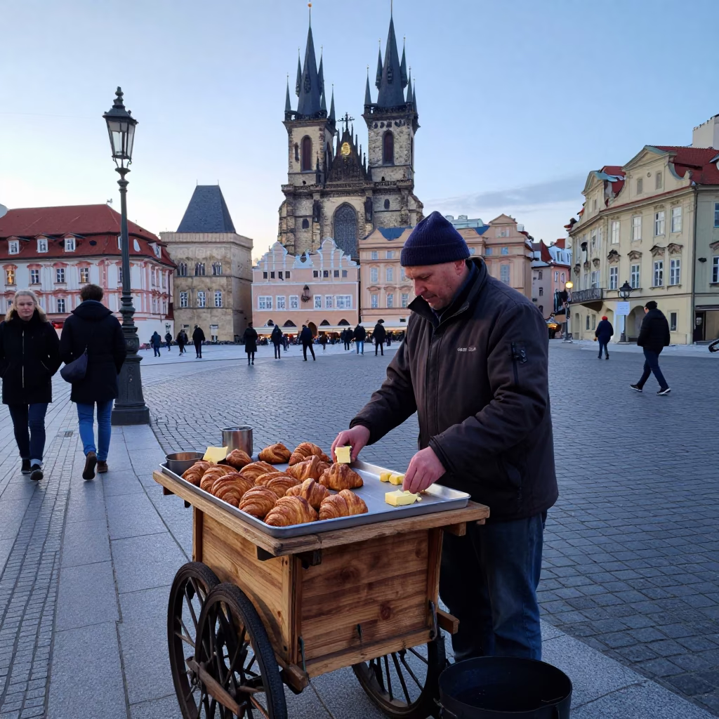 Street Life in Prague at The Early Morning Light in in Prague, Czech Republic