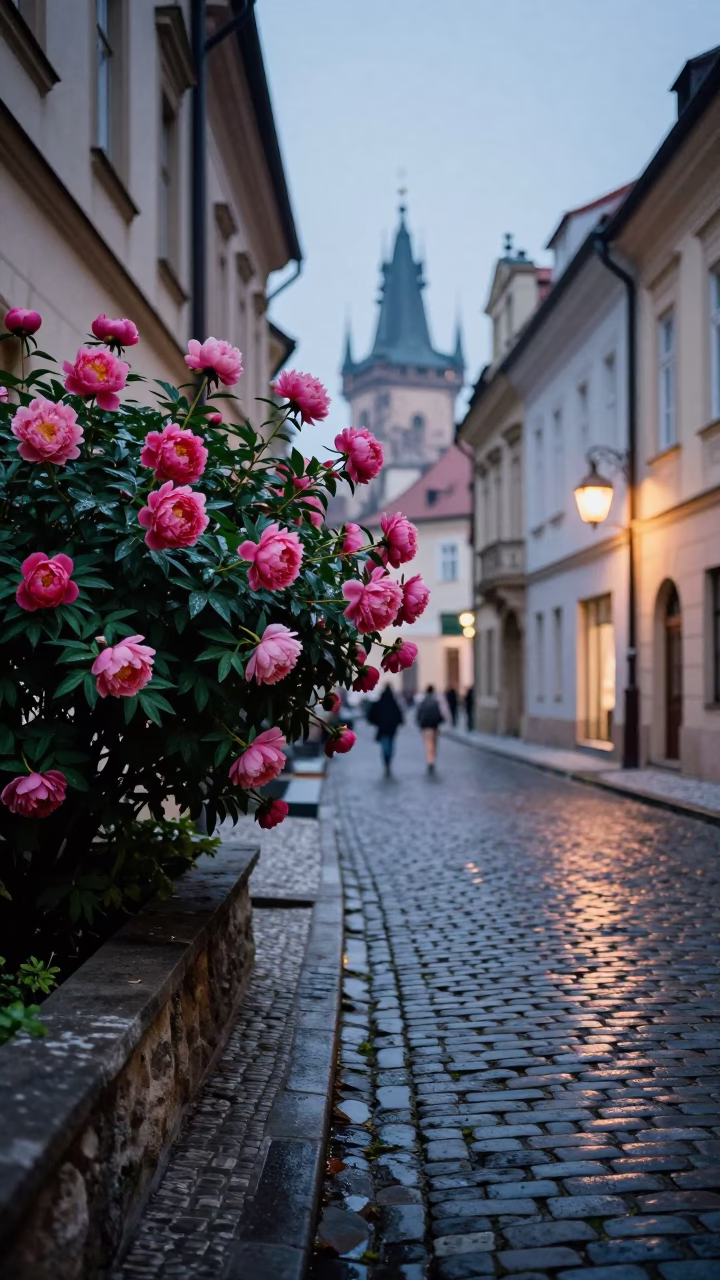 Street Life in Prague at Twilight in in Prague, Czech Republic