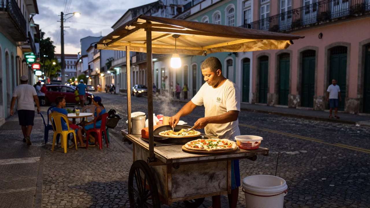 Street Life in Salvador at As City Lights Begin To Glow in in Salvador, Brazil