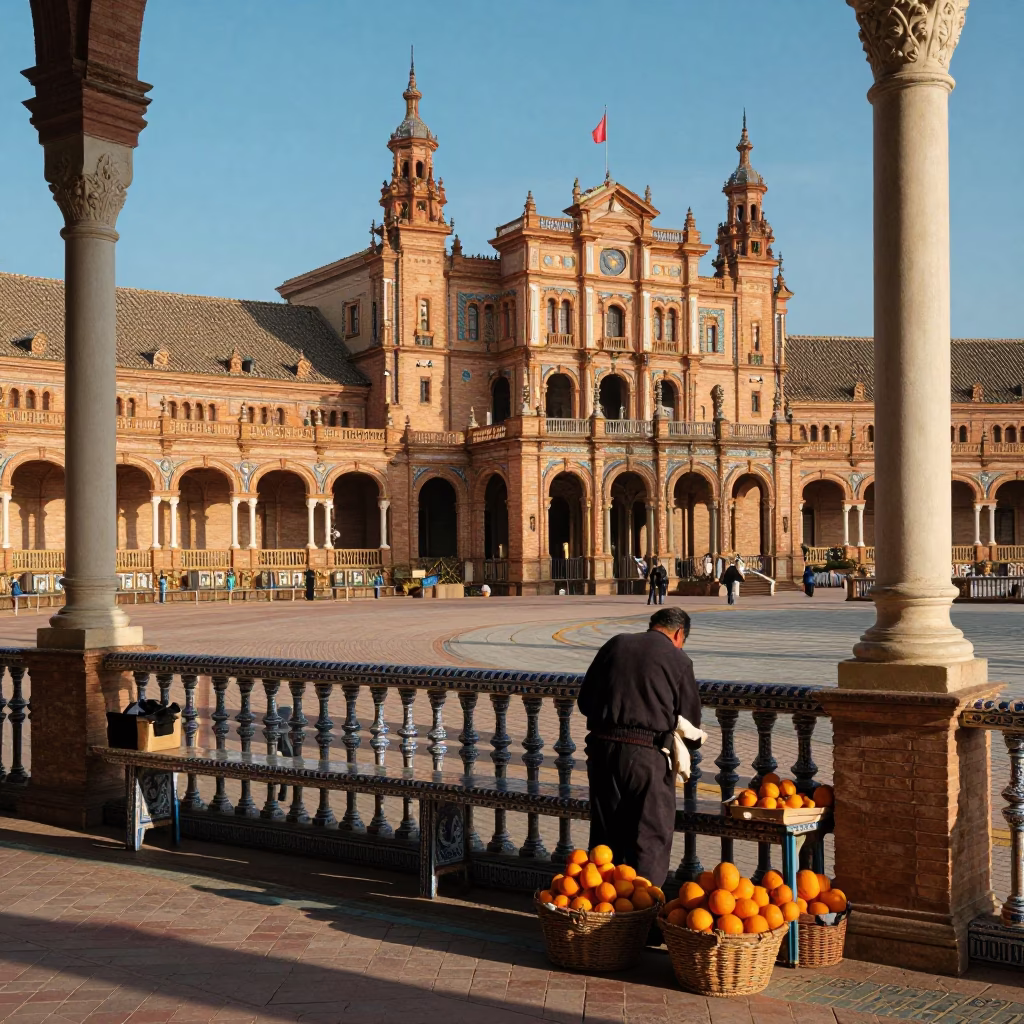 Street Life in Seville at As First Light Reaches The Scene in in Seville, Spain
