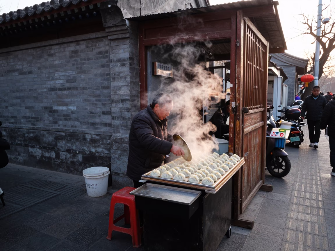 Street Life just after sunrise in Beijing in in Beijing, China