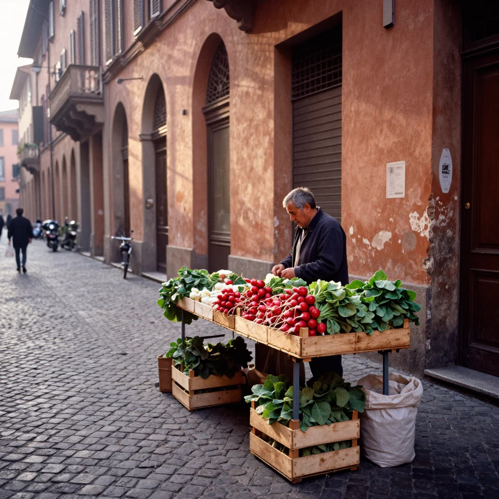 Street Life just after sunrise in Bologna in in Bologna, Italy