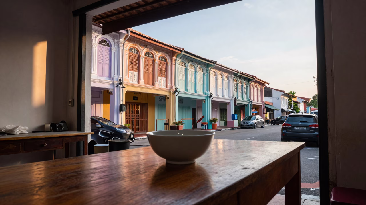 Street Life just after sunrise in George Town in in George Town, Malaysia