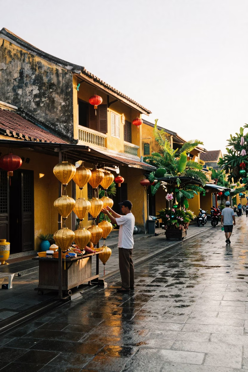 Street Life just after sunrise in Hoi An in in Hoi An, Vietnam