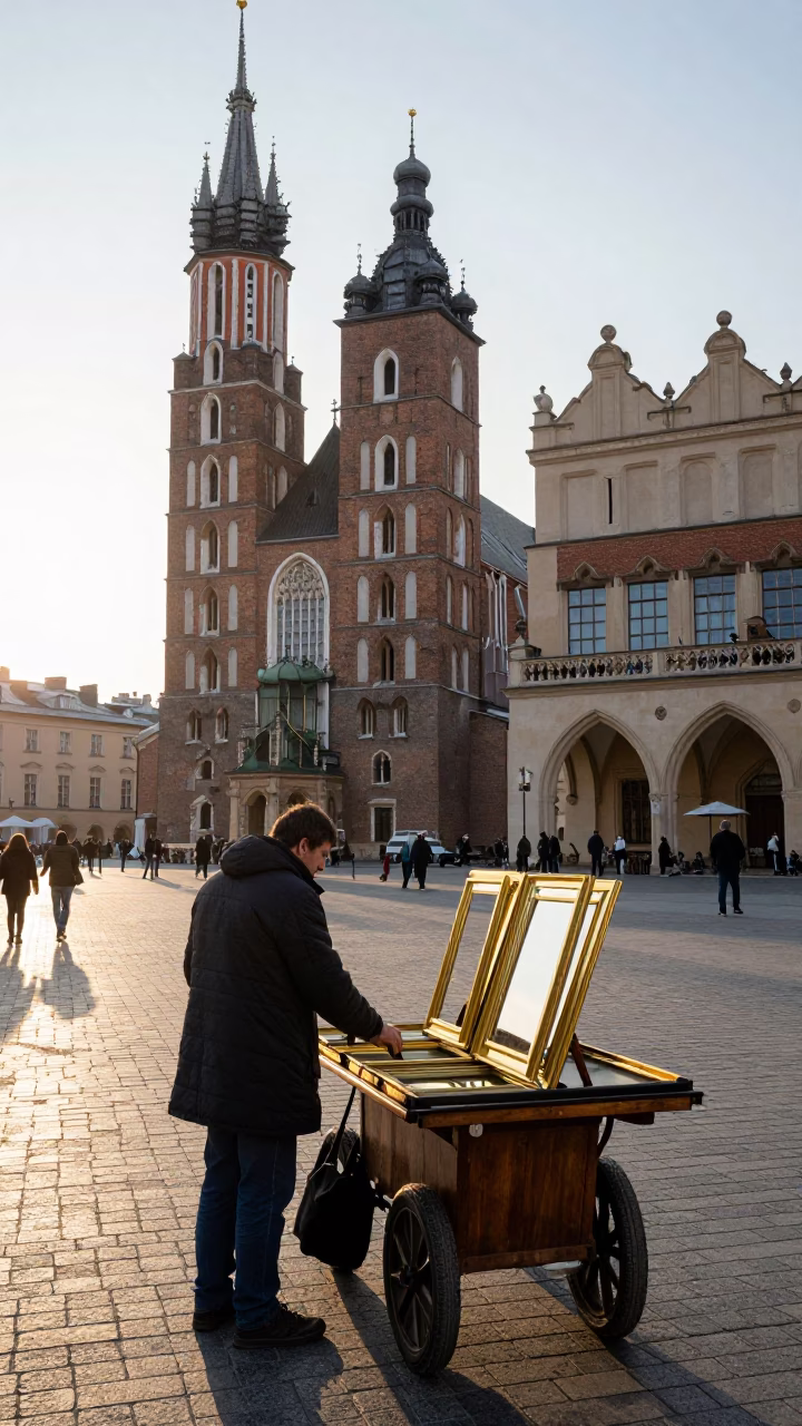 Street Life just after sunrise in Krakow in in Krakow, Poland