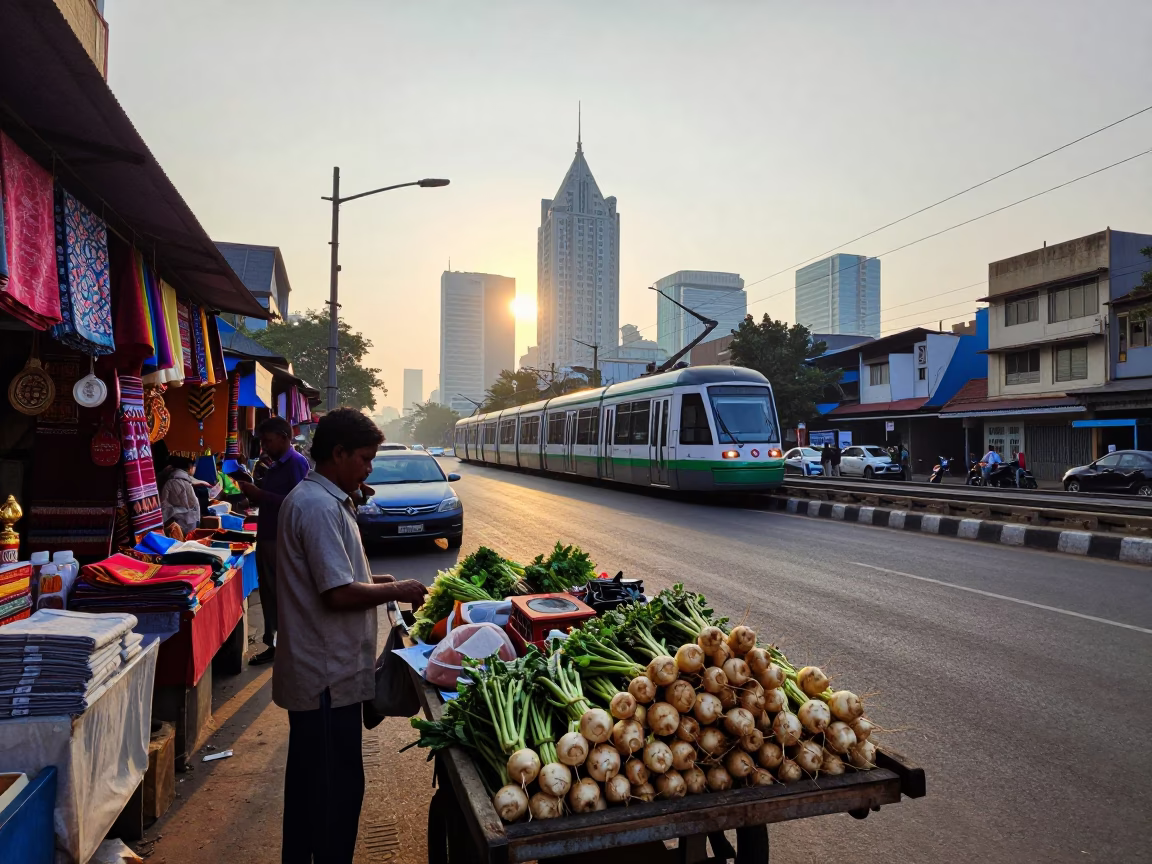 Street Life just after sunrise in Mumbai in in Mumbai, India