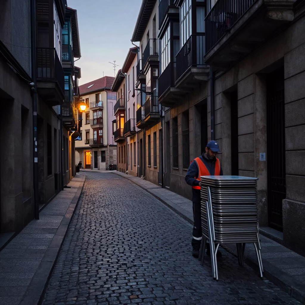Street Maintenance at The Still Hours Before Dawn Light in Bilbao in in Bilbao, Spain