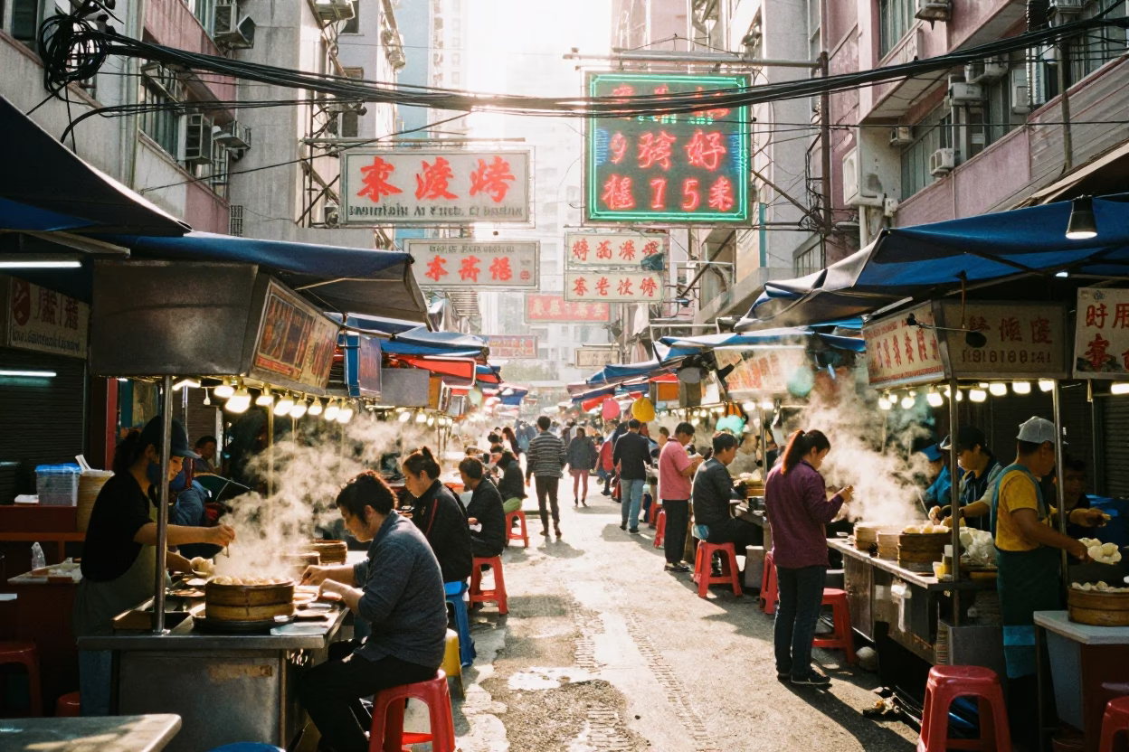 Street Market at As First Light Reaches The Scene in Hong Kong in in Hong Kong, Hong Kong