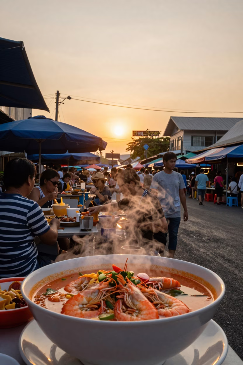 Street Market at As The Sun Drops Toward The Horizon in Phuket in in Phuket, Thailand