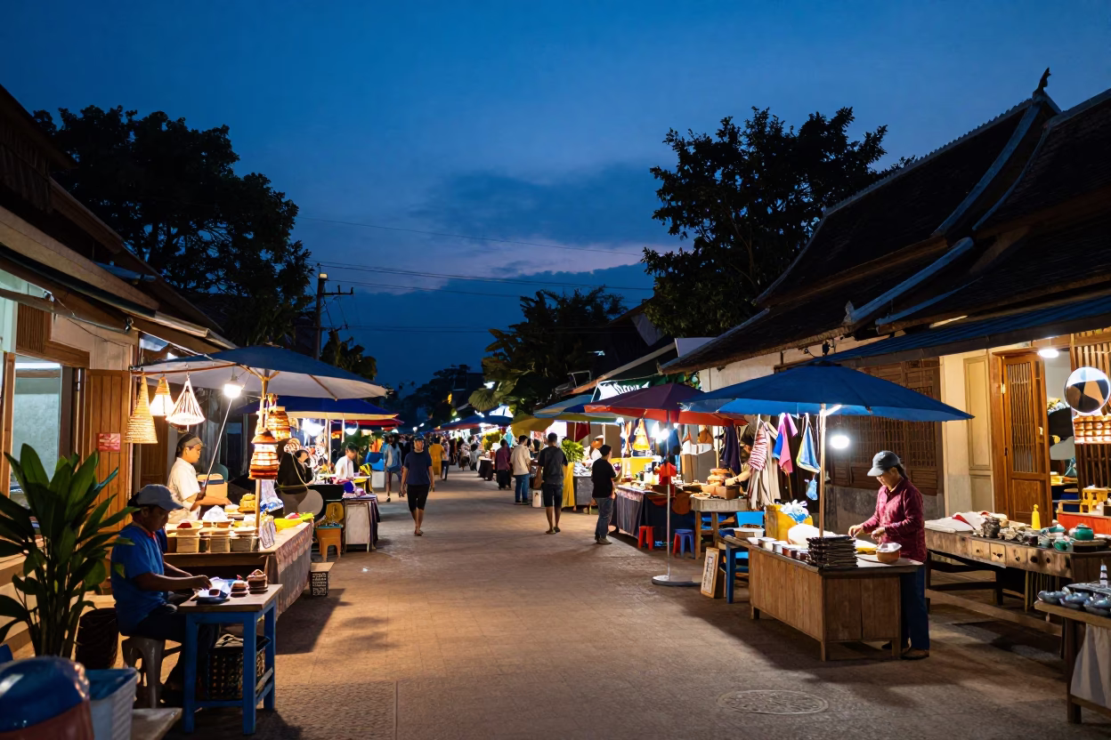 Street Market at Indigo Twilight After Sunset in Luang Prabang in in Luang Prabang, Laos