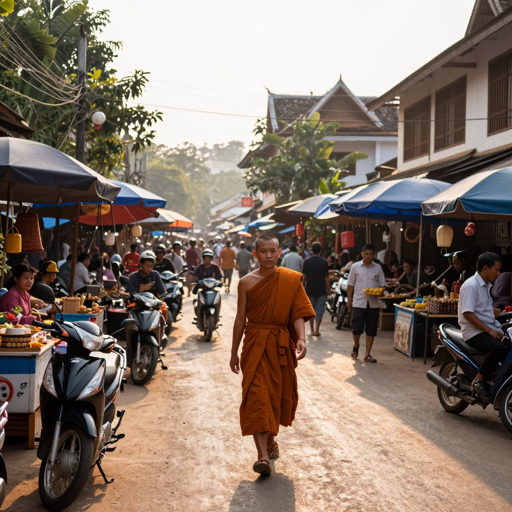 Street Market at The Early Afternoon Light in Luang Prabang in in Luang Prabang, Laos