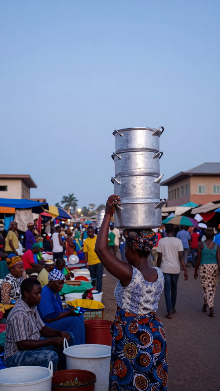 Street Market in Accra at Nautical Dawn Light in in Accra, Ghana