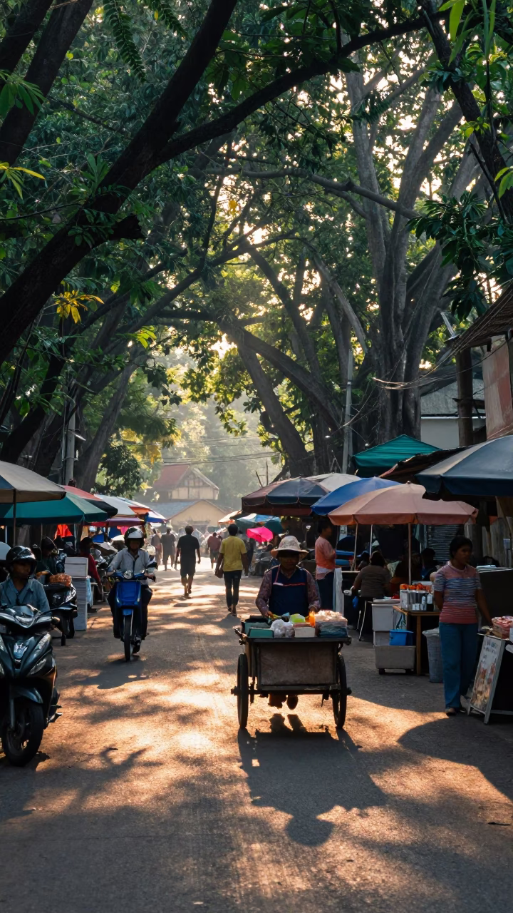 Street Market in Chiang Mai at As First Light Reaches The Scene in in Chiang Mai, Thailand