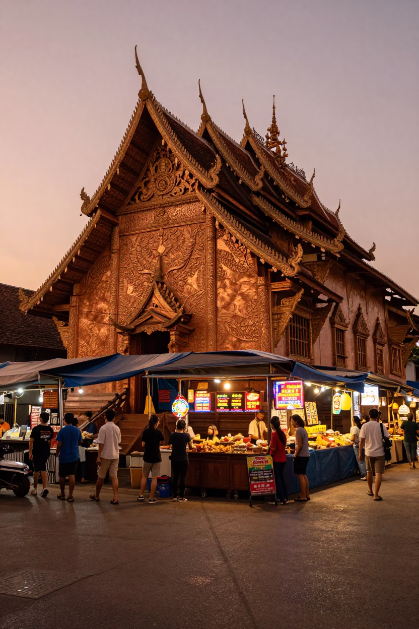 Street Market in Chiang Mai at Copper-toned Light Before Dusk in in Chiang Mai, Thailand
