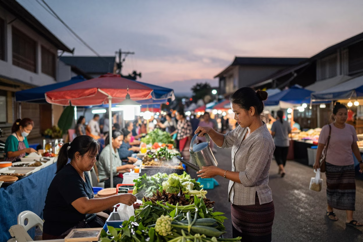 Street Market in Chiang Mai at Indigo Twilight After Sunset in in Chiang Mai, Thailand