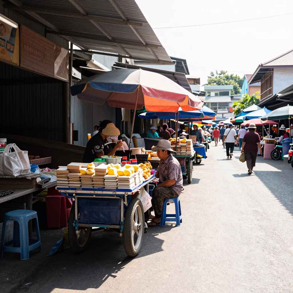 Street Market in Chiang Mai at The Flat Glare Of Noon Light in in Chiang Mai, Thailand