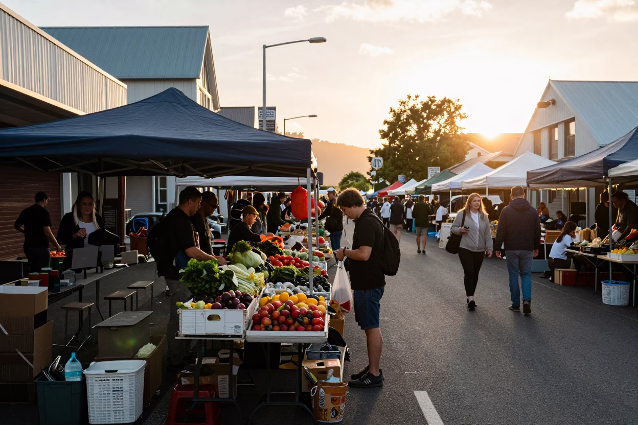Street Market in Christchurch at Golden Hour in in Christchurch, New Zealand