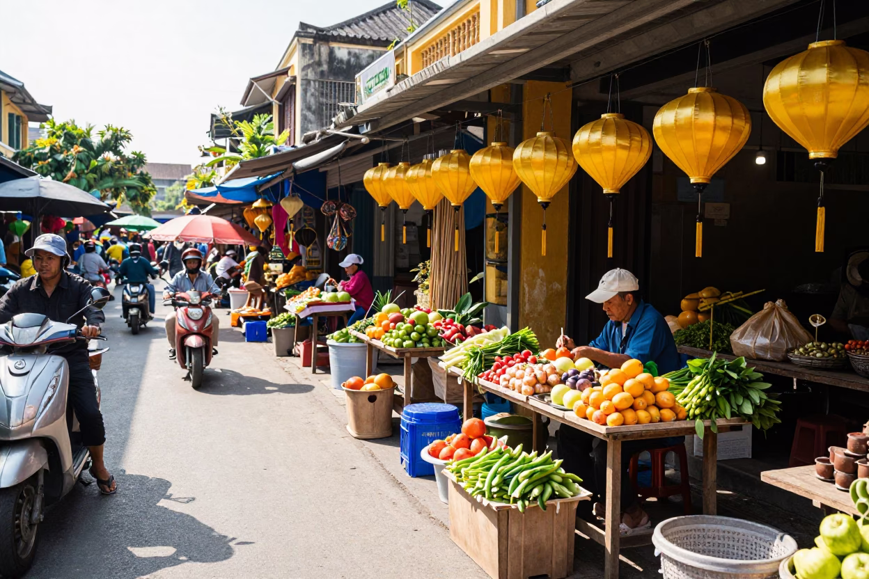 Street Market in Hoi An at Bright Midmorning Light in in Hoi An, Vietnam