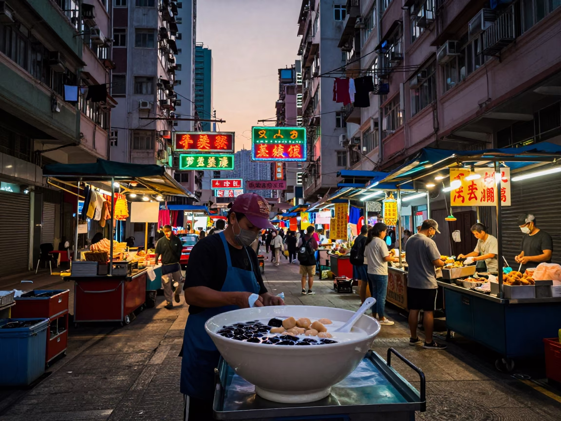 Street Market in Hong Kong at Nautical Dawn Light in in Hong Kong, Hong Kong