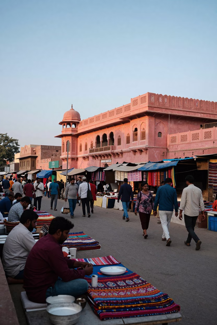 Street Market in Jaipur at Nautical Dawn Light in in Jaipur, India