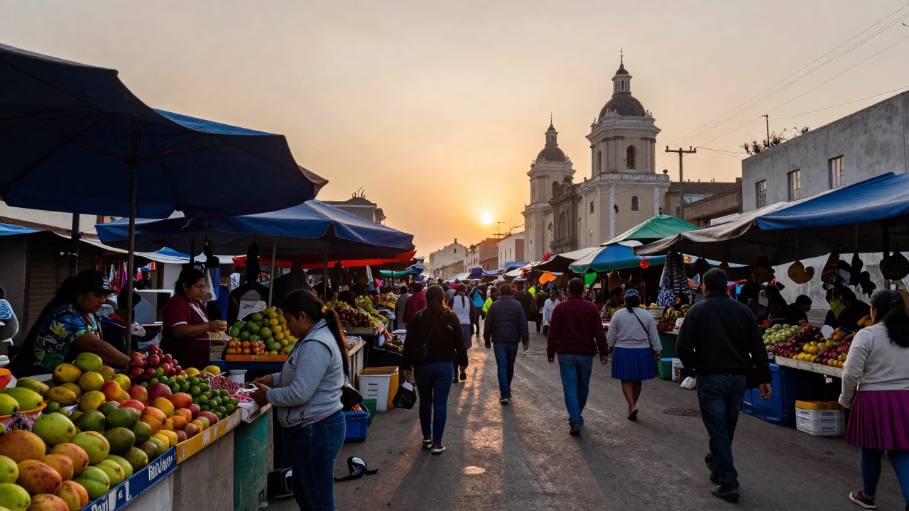 Street Market in Lima at As The Sun Drops Toward The Horizon in in Lima, Peru