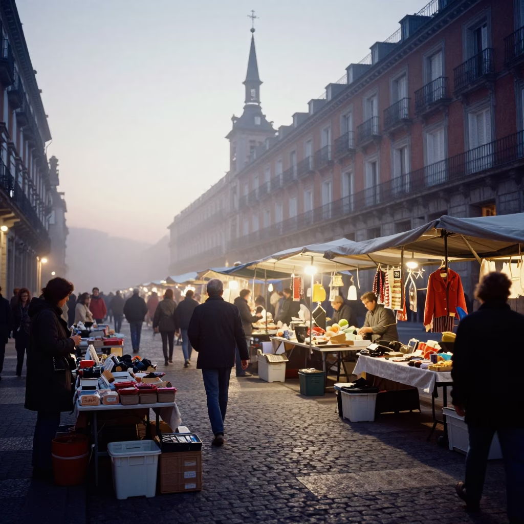 Street Market in Madrid at Nautical Dawn Light in in Madrid, Spain