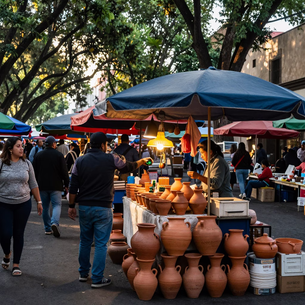 Street Market in Mexico City at As First Light Reaches The Scene in in Mexico City, Mexico