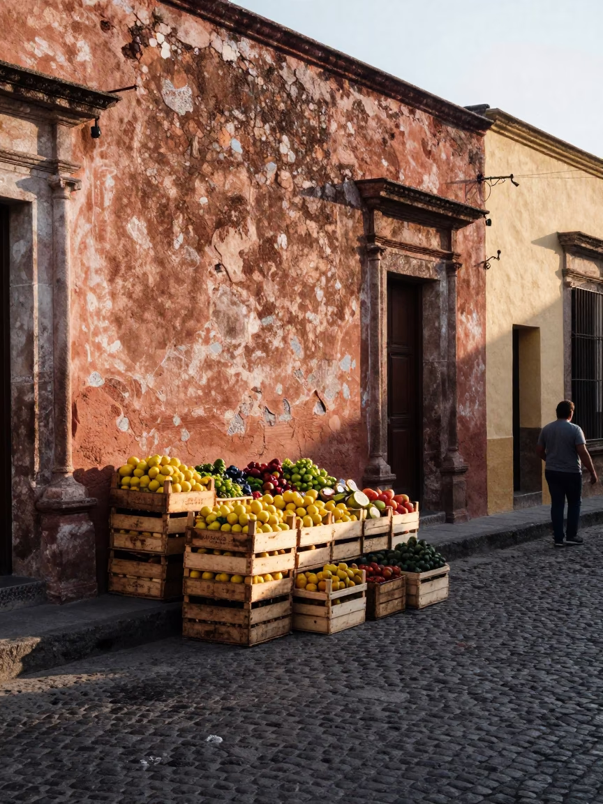 Street Market in Oaxaca at As First Light Reaches The Scene in in Oaxaca, Mexico