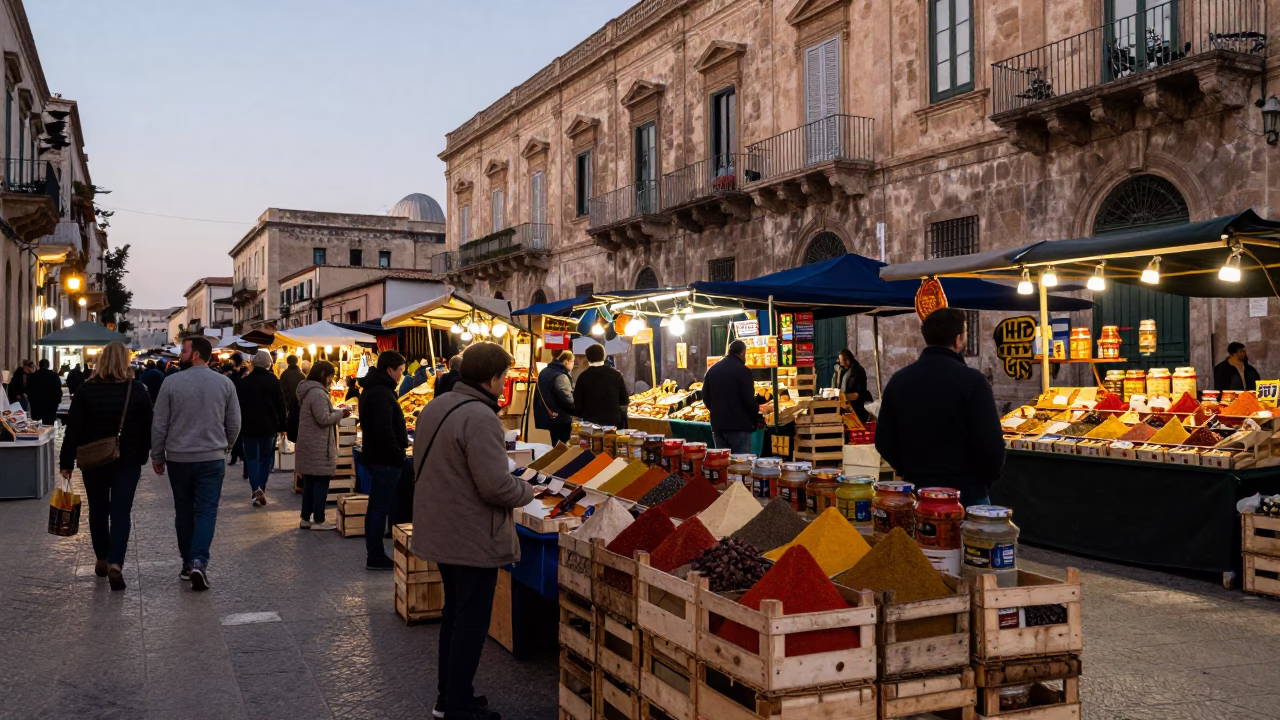 Street Market in Palermo at Nautical Dawn Light in in Palermo, Italy