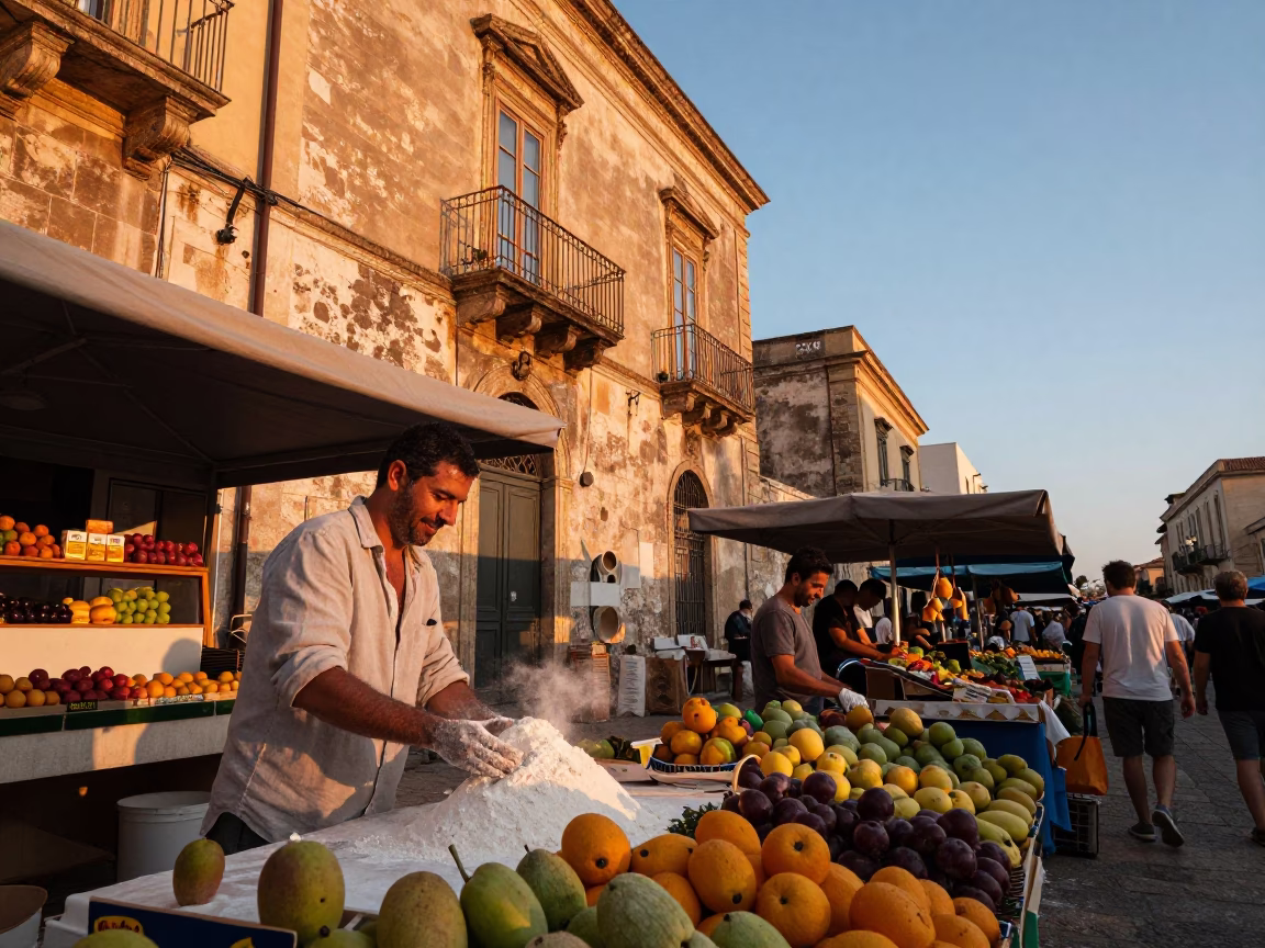 Street Market in Palermo at Sunset Light in in Palermo, Italy