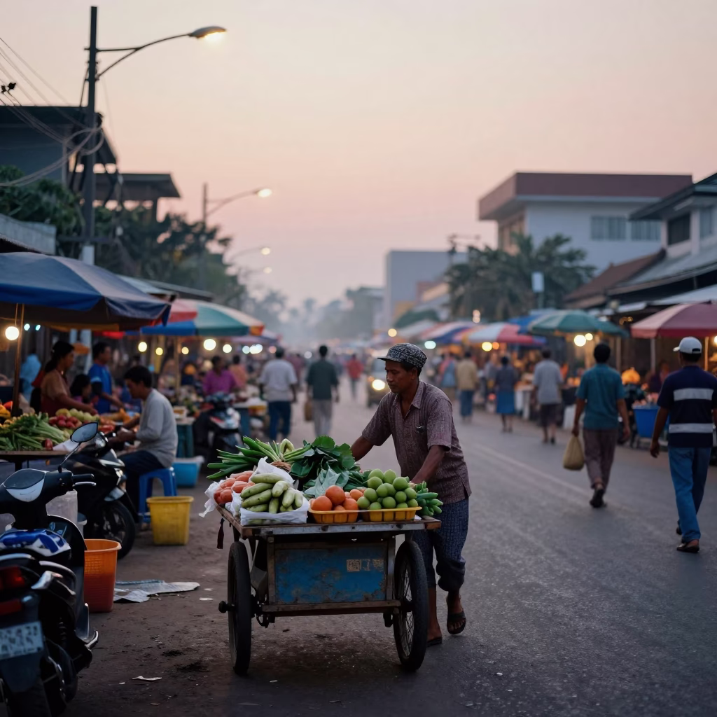 Street Market in Phnom Penh at Nautical Dawn Light in in Phnom Penh, Cambodia