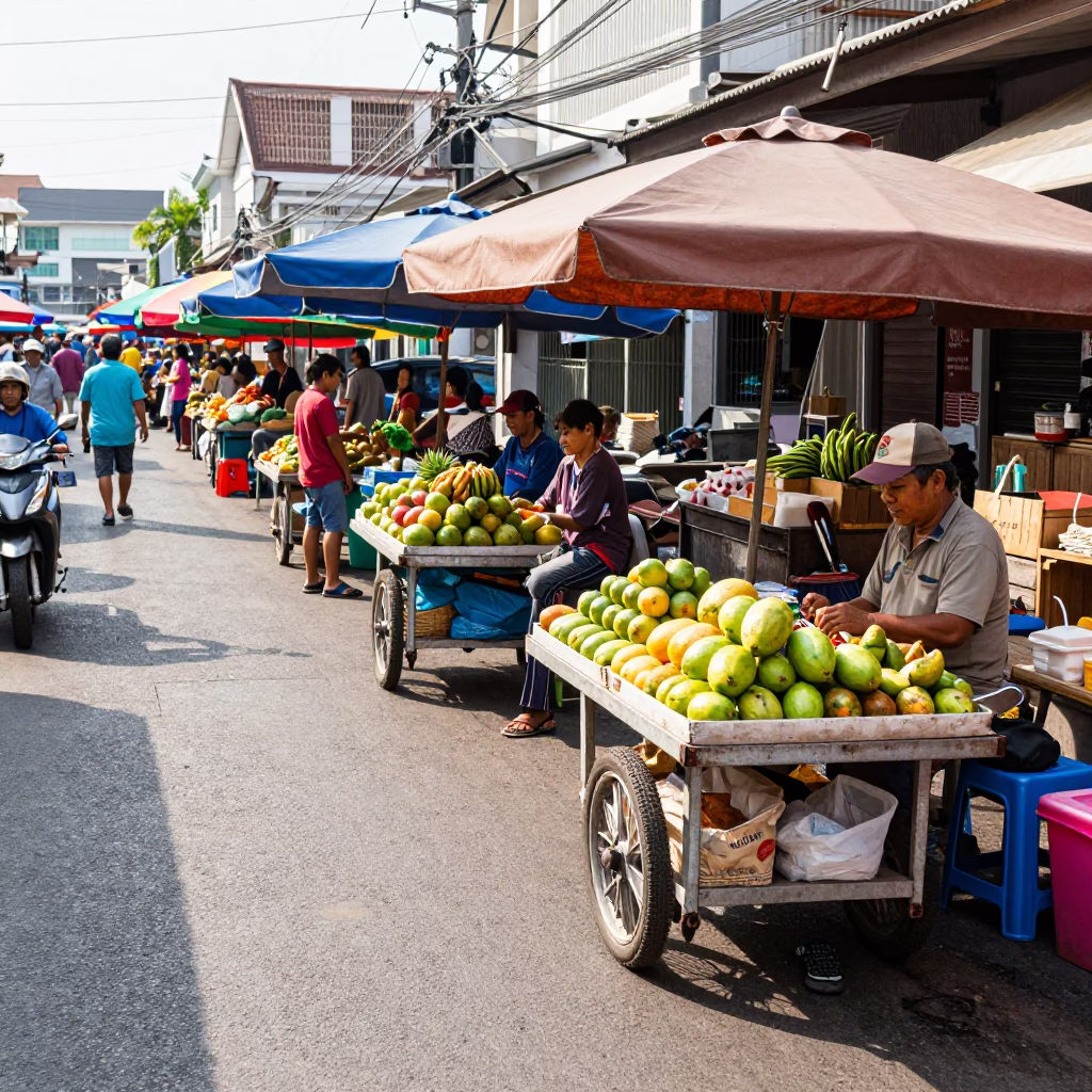 Street Market in Phuket at Bright Midmorning Light in in Phuket, Thailand
